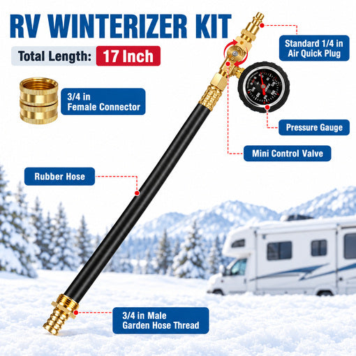 RV Winterizing Hose with Pressure Gauge Control Valve and Blowout Adapters