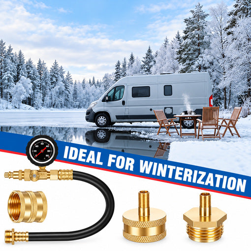RV Winterizing Hose with Pressure Gauge Control Valve and Blowout Adapters