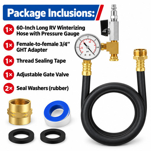 60-Inch Long RV Winterizing Hose with Pressure Gauge