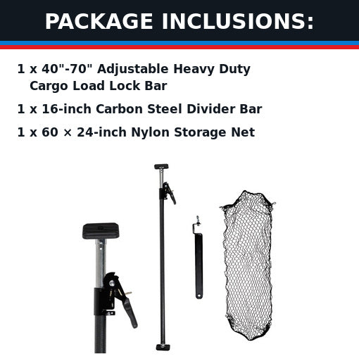 40"-70" Adjustable Heavy Duty Cargo Load Lock Bar with 16" Divider Bar & Storage Net