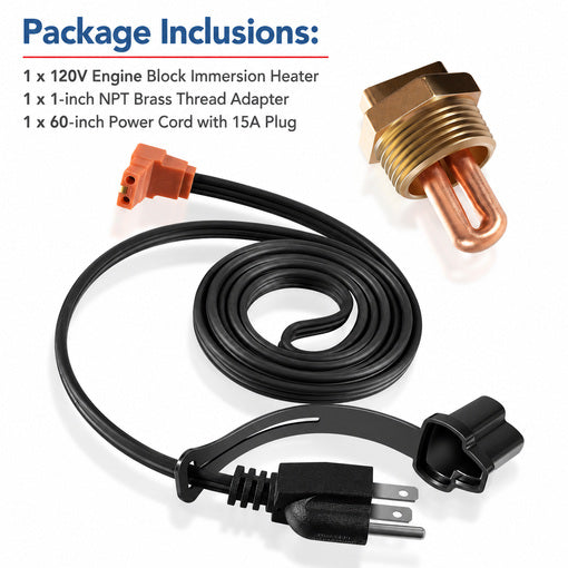 120V Engine Block Immersion Heater with 1" NPT Thread Adapter