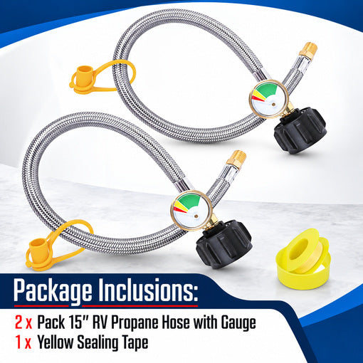 2-Pack 15" RV Propane Hose with Gauge