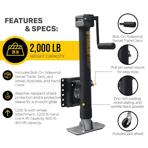 Bolt-On Sidewind Swivel Trailer Jack With Wheel