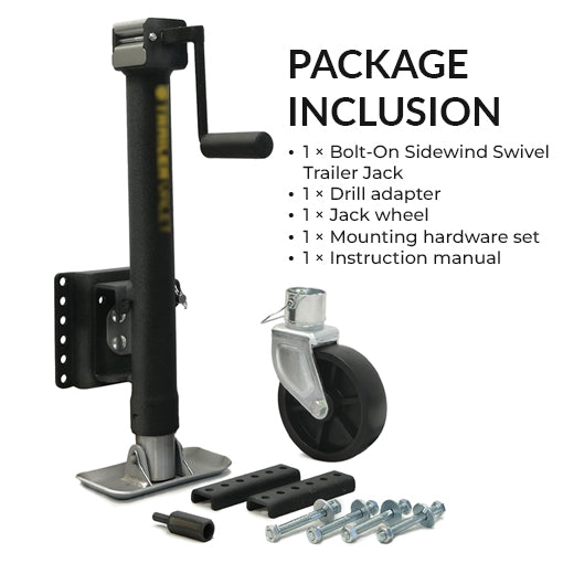 Bolt-On Sidewind Swivel Trailer Jack With Wheel