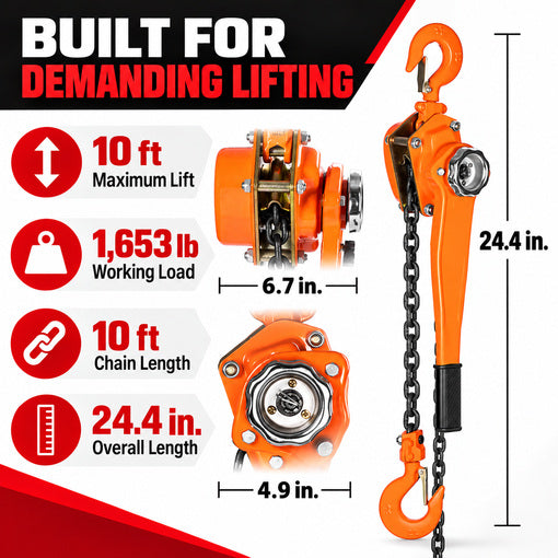 Heavy-Duty 3/4 Ton 10 Feet Levered Chain Hoist