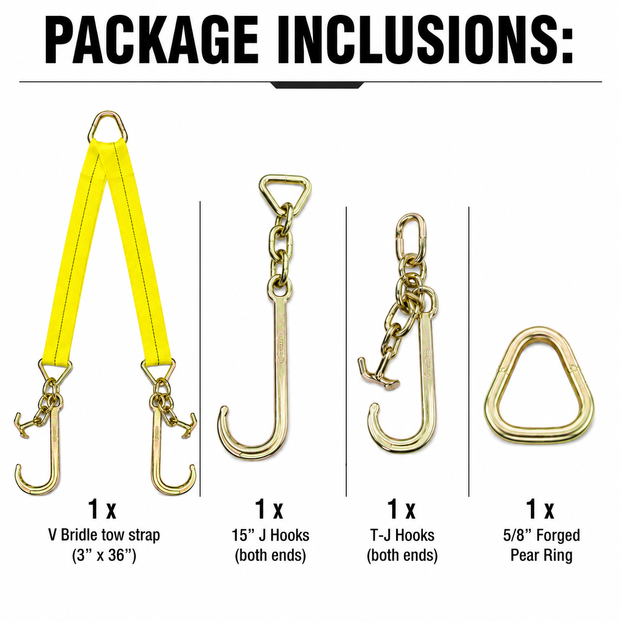 Towing Straps V Bridle with 15" J Hooks and T-J Hooks