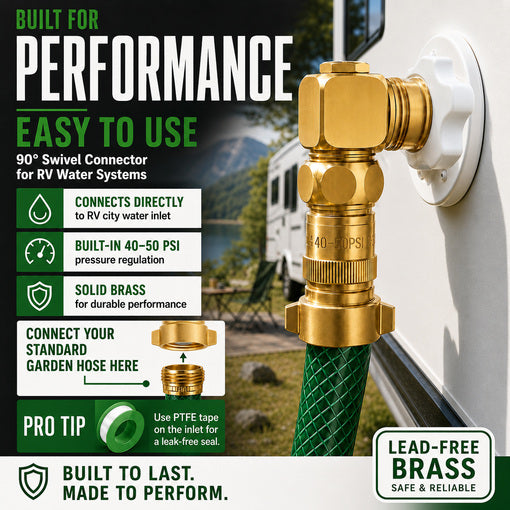 RV 40-50 PSI Water Pressure Regulator with 90-Degree Hose Elbow