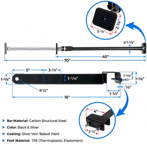 40"-70" Adjustable Heavy Duty Cargo Load Lock Bar with 16" Divider Bar & Storage Net