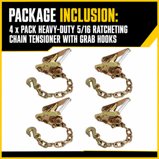 4-Pack Heavy-Duty 5/16 Ratcheting Chain Tensioner with Grab Hooks