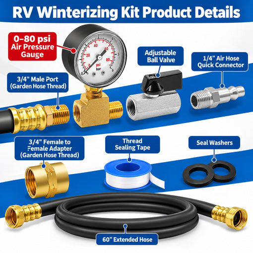 60-Inch Long RV Winterizing Hose with Pressure Gauge