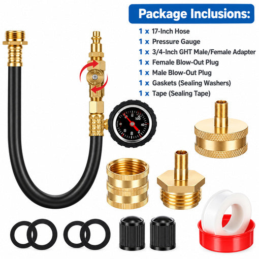 RV Winterizing Hose with Pressure Gauge Control Valve and Blowout Adapters
