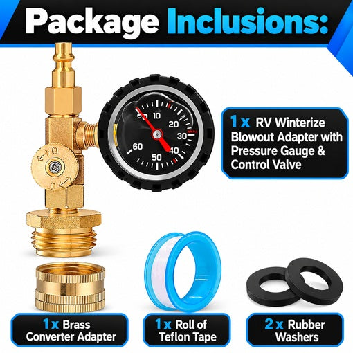 RV Winterize Blowout Adapter with Pressure Gauge & Control Valve