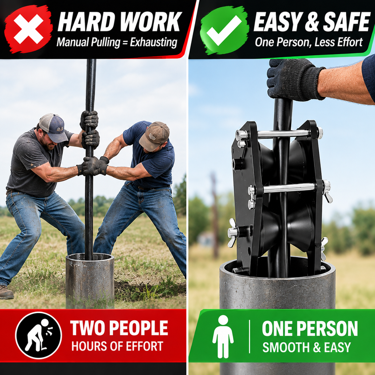 Well Pump Pulling Tool with POM Roller & Removable Side Rails