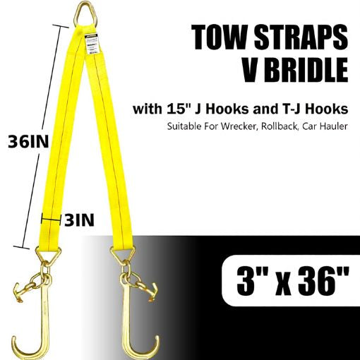 Towing Straps V Bridle with 15" J Hooks and T-J Hooks