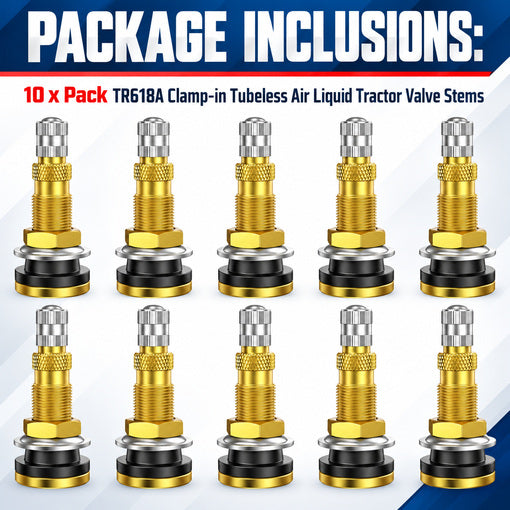 10-Pack TR618A Clamp-in Tubeless Air Liquid Tractor Valve Stems